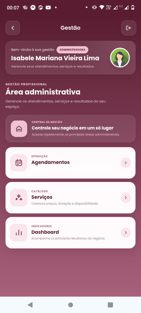 Área administrativa do aplicativo Isabele Mariana Nails