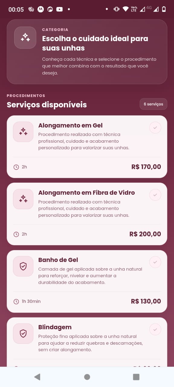 Tela de serviços do aplicativo Isabele Mariana Nails